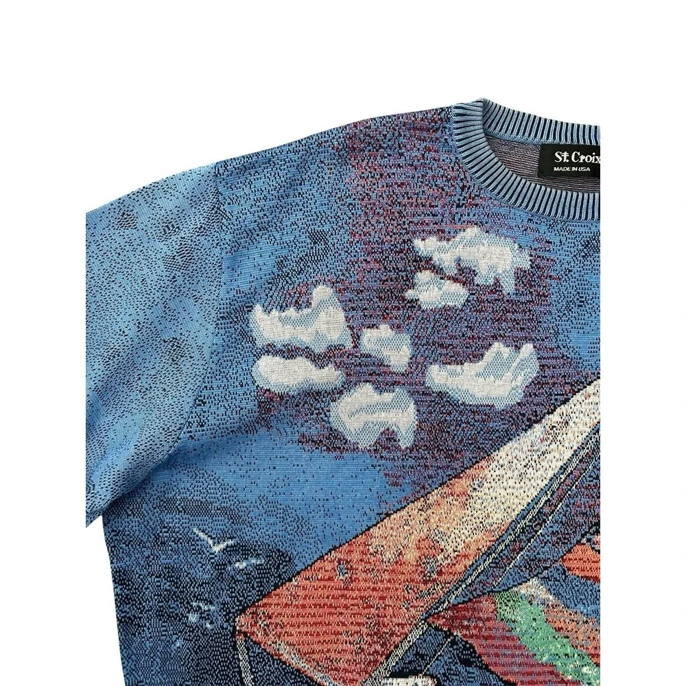 Vintage St. Croix Knits Sweater Men's XL Blue Sailboat Clouds Nautical Jacquard